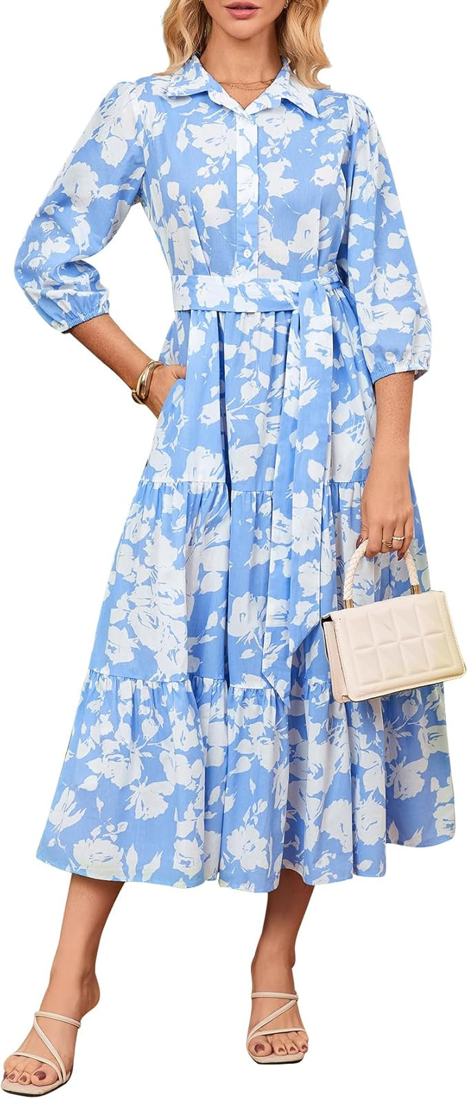 Kedera Womens 3/4 Sleeve Tiered Maxi Dresses Casual Button Down Tie Waist Flowy Shirt Midi Dresse... | Amazon (US)