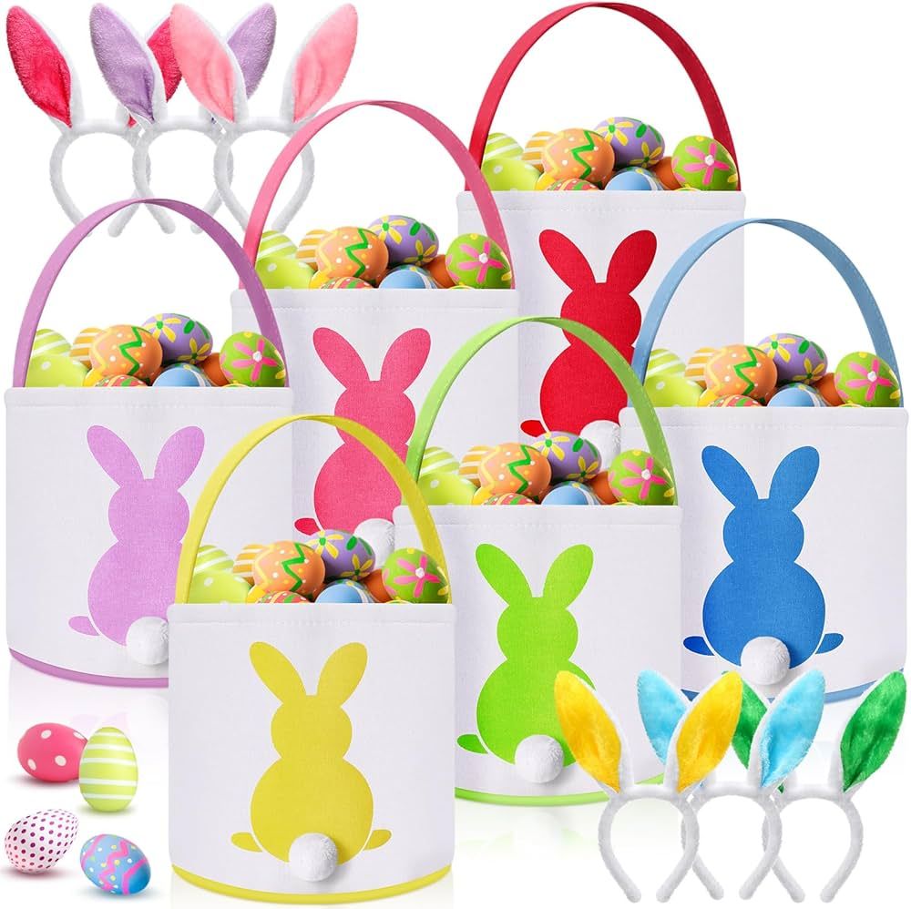 6 Pcs Easter Basket for Kids with 6 Plush Bunny Headband Easter Egg Baskets Canvas Easter Bunny Basket Bags Ears Headband for Girls Easter Egg Hunt Party Favor Decoration Boys Gifts, 6 Colors | Amazon (US)