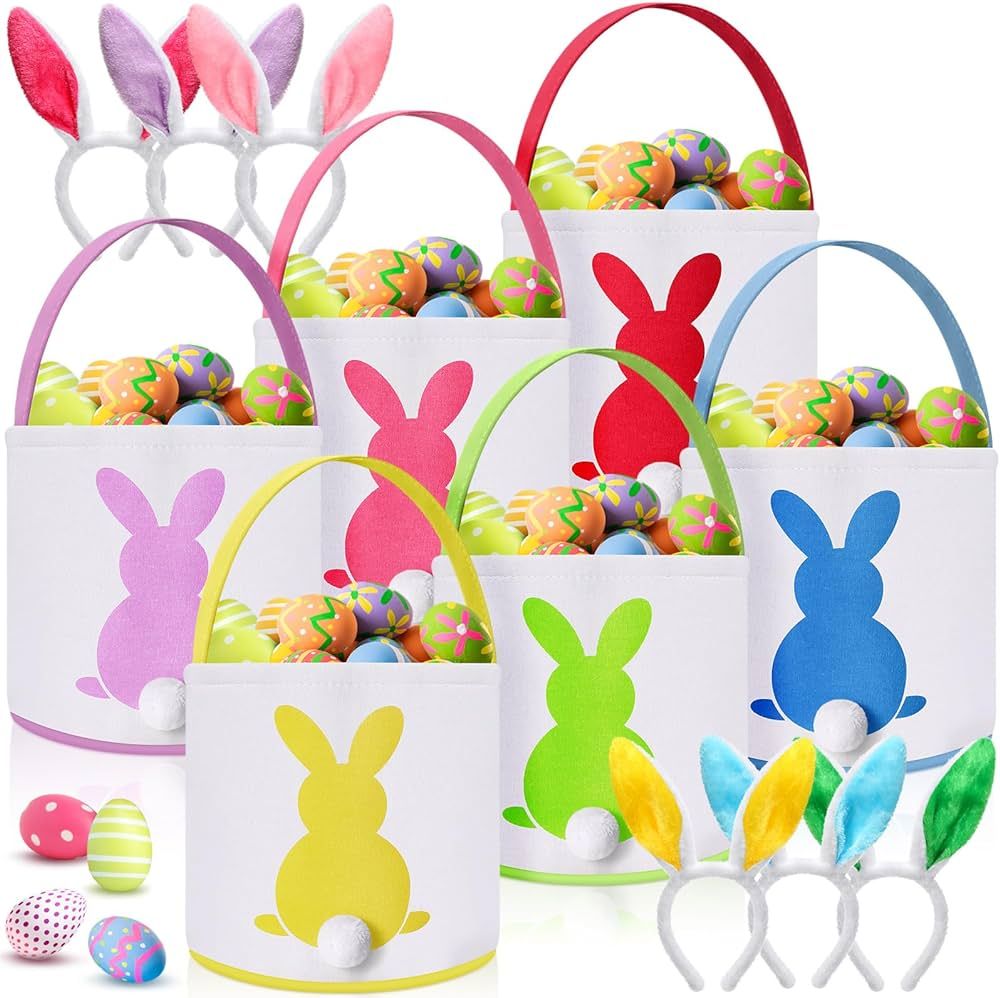 6 Pcs Easter Basket for Kids with 6 Plush Bunny Headband Easter Egg Baskets Canvas Easter Bunny Basket Bags Ears Headband for Girls Easter Egg Hunt Party Favor Decoration Boys Gifts, 6 Colors | Amazon (US)