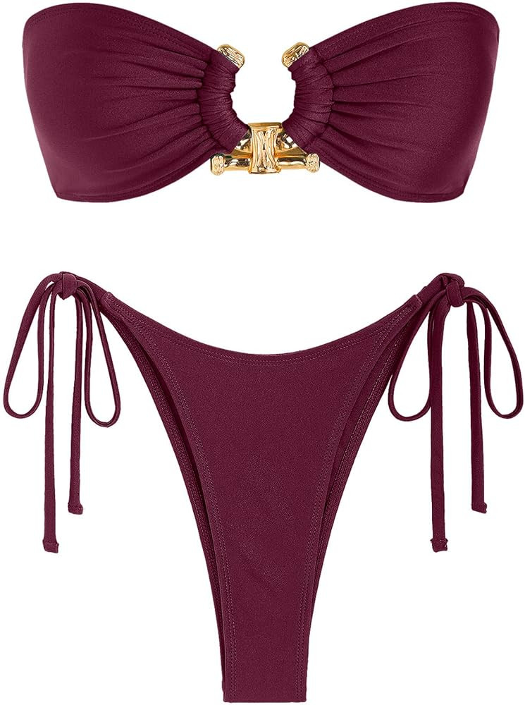 ZAFUL Metal Ring Bandeau Bikini Set Tie Side Bathing Suit High Cut 2 Piece Swimsuit Cutout Swimwe... | Amazon (US)