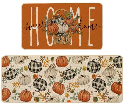 Baccessor Fall Pumpkin Basket Kitchen Rugs Set of 2,Thanksgiving Autumn Home Sweet Home Farmhouse Mat Washable Non Slip Low-Profile Indoor Floor Holiday Hallway Laundry Sink Decor 17x29 and 17x47 Inch | Amazon (US)