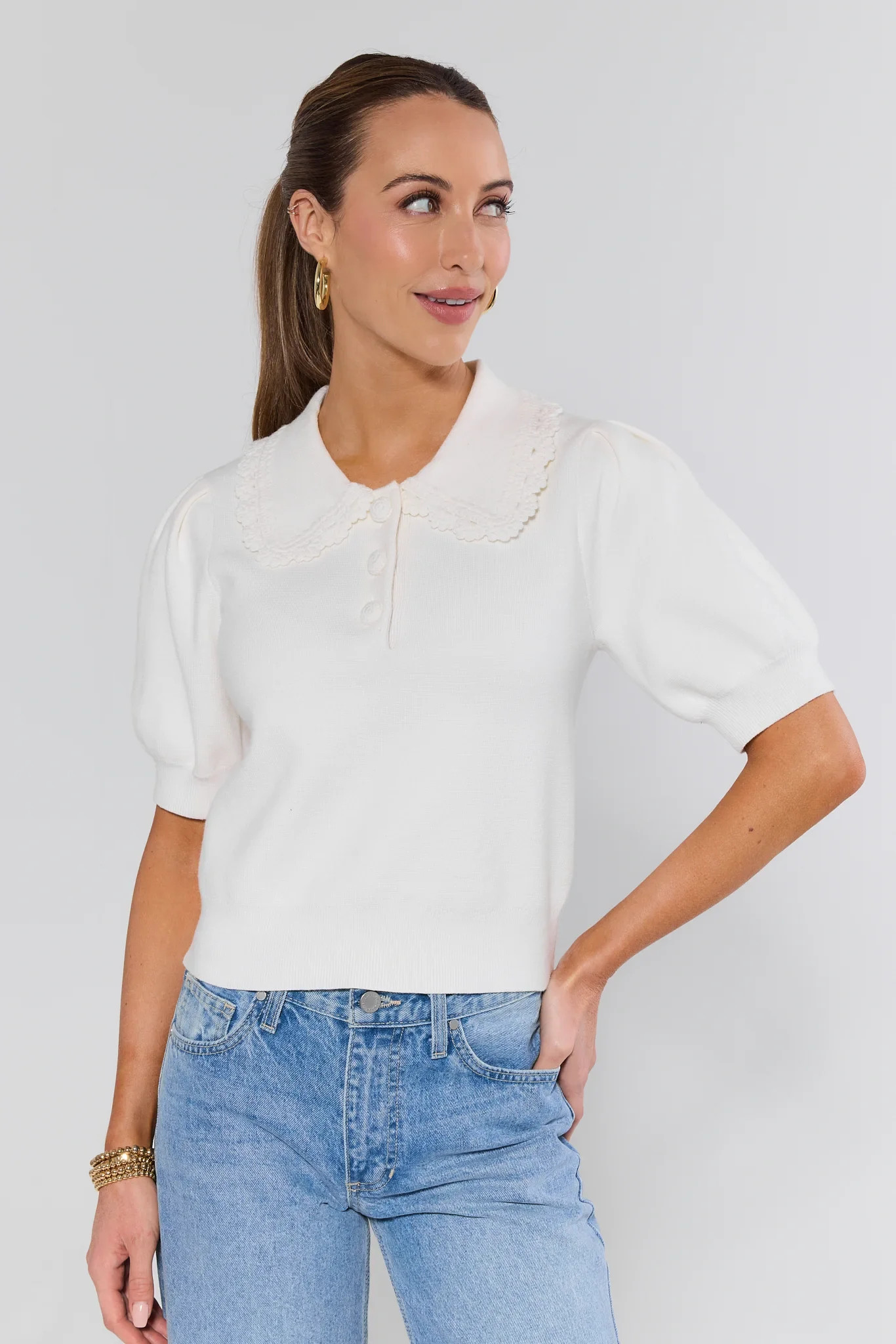 White Knit Eyelet Collar Top | Avara