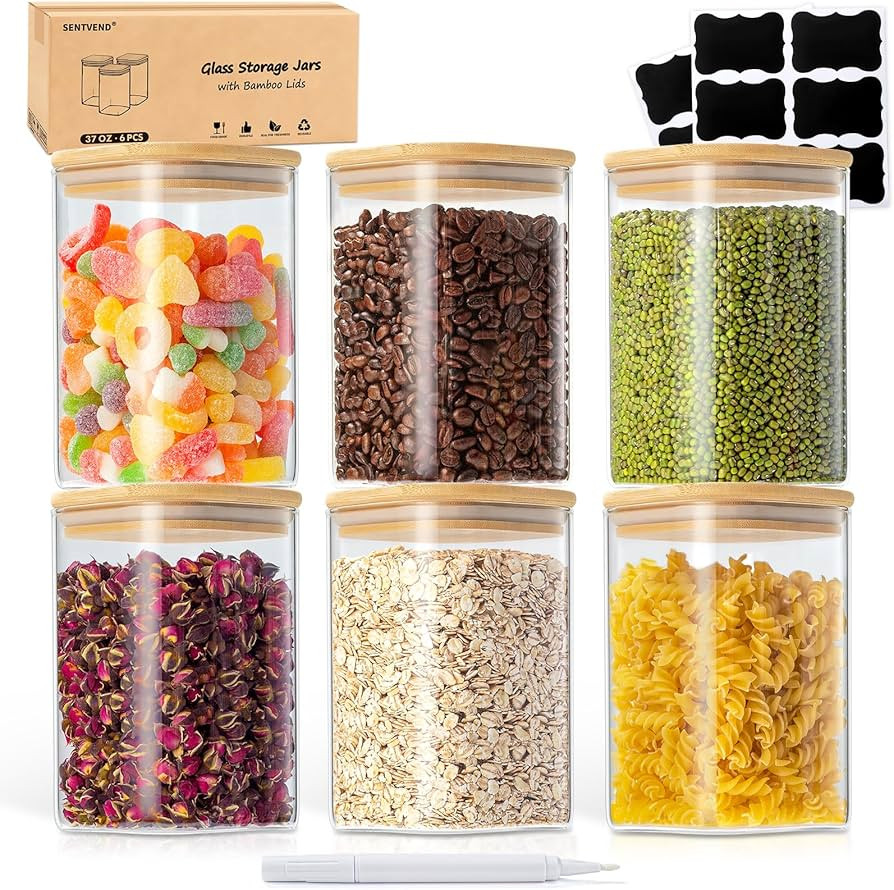 37 Oz Glass Storage Jars with Bamboo Lids - 6 Pack Clear Glass Canisters Square Airtight Stackabl... | Amazon (US)