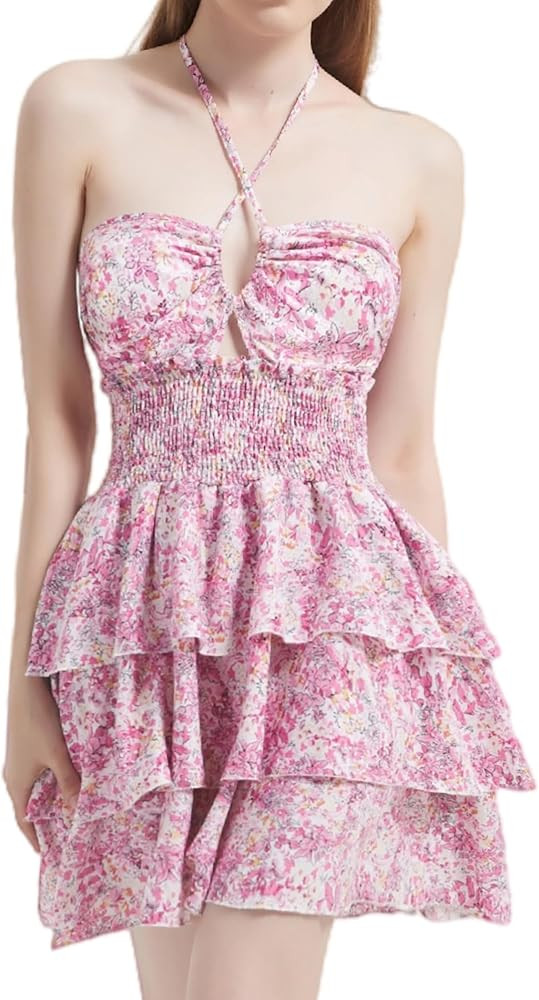 Mebius Womens Preppy Floral Mini Dress Criss Cross Halter Smocked Waist Tiered Hem Backless A Line S | Amazon (US)