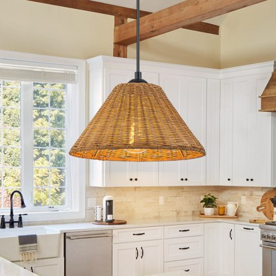 LLHZSY 11" Boho Rattan Pendant Light, Woven Brown Shade with Matte Black Hardware | Target