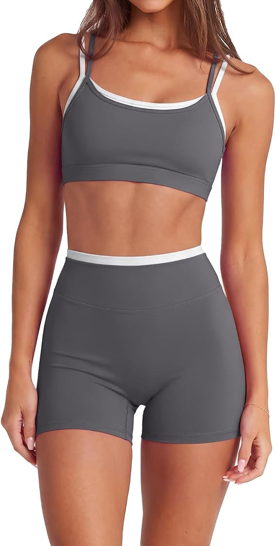 SUUKSESS 2 Piece Workout Sets Layered Sports Bra Yoga Gym Biker Shorts | Amazon (US)
