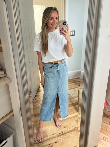 Tried out the denim maxi skirt and kind of love it! Leaned into the 90s vibe with a white t shirt #workwear #ootd #workoutfit

#LTKworkwear #LTKstyletip #LTKBacktoSchool