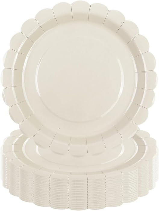 50 Pcs Ivory Paper Plates 7 Inch, Cream Scalloped Paper Plates Disposable Cake Dessert Dinner Pla... | Amazon (US)