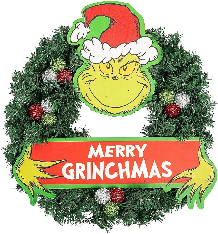 Fun Express Grinch Christmas Decorations - 18" Merry Grinchmas Wreath | Amazon (US)