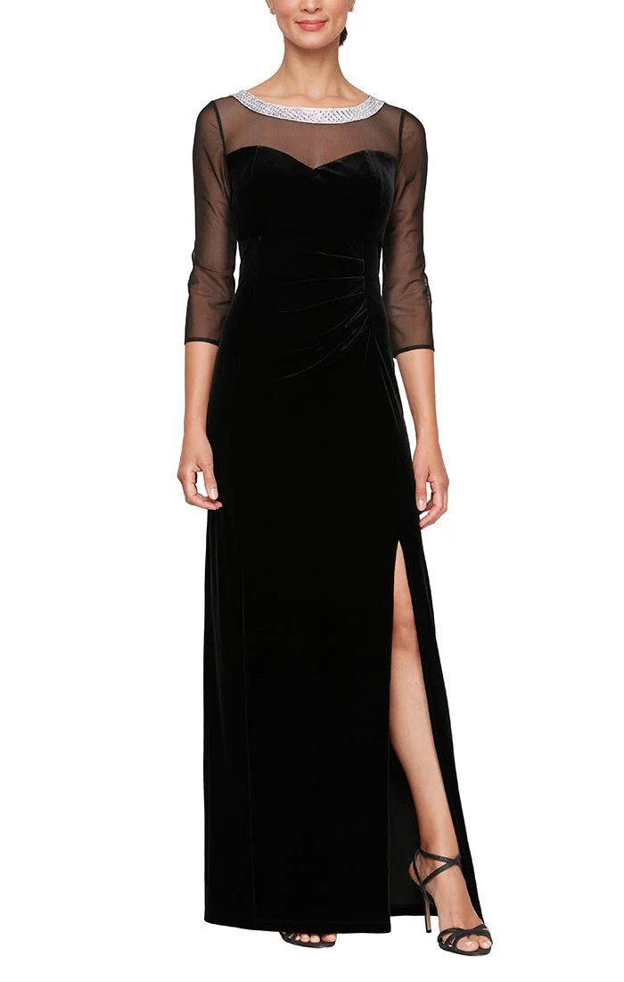 Long Velvet 3/4 Sleeve Side Ruched Dress with Embellished Neckline | Alex Evenings