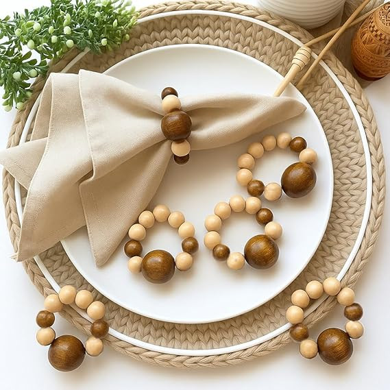 Napkin Rings Set of 6 - Modern Napkin Holder Rings with Wooden Beads | Dinner Napkin Ring for Hol... | Amazon (US)