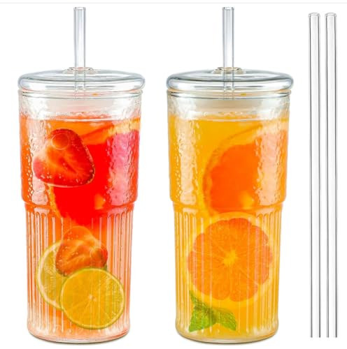 Glass Cups with Lids and Glass Straws, 20OZ Drinking Glasses 2Pcs, Glass Tumbler with Straw and Lid High Borosilicate Glass Tumbler Iced Coffee Cup Water Glass Cups | Amazon (US)