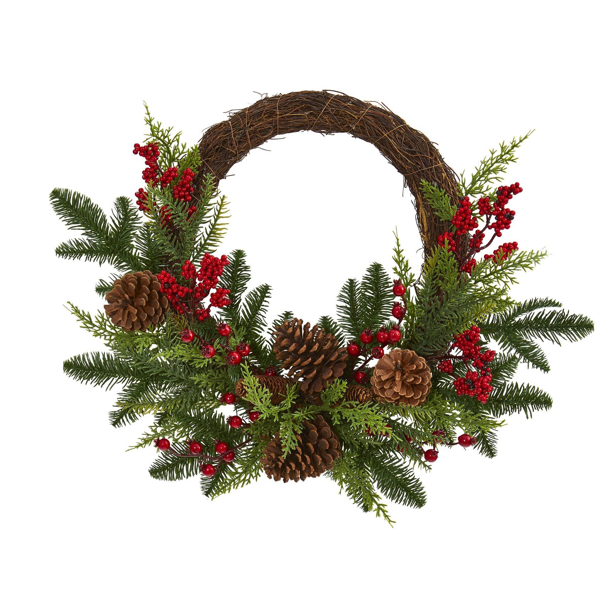 22” Mixed Pine and Cedar with Berries and Pine Cones Artificial Wreath | Nearly Natural