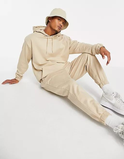 ASOS DESIGN organic oversized tracksuit with hoodie & oversized joggers in beige | ASOS | ASOS (Global)