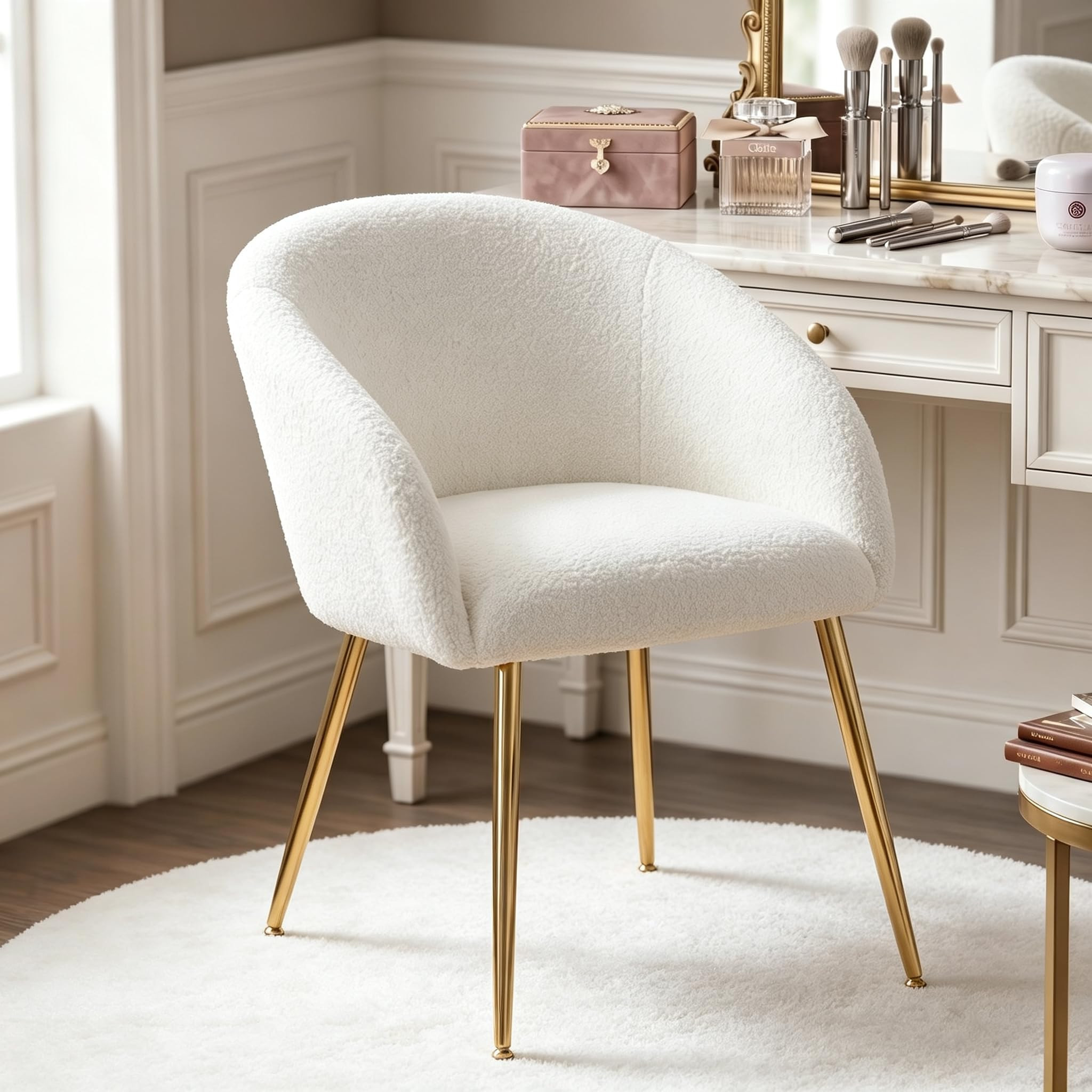 Modern Vanity Chair, Small Accent Chair with Metal Legs,Boucle Teddy Fabric Dining Chair, Sherpa Chair for Living Room,Makeup Room,Waiting Room,Dressing Room,Bedroom,Dining Room,Home Office (1, White) | Amazon (US)