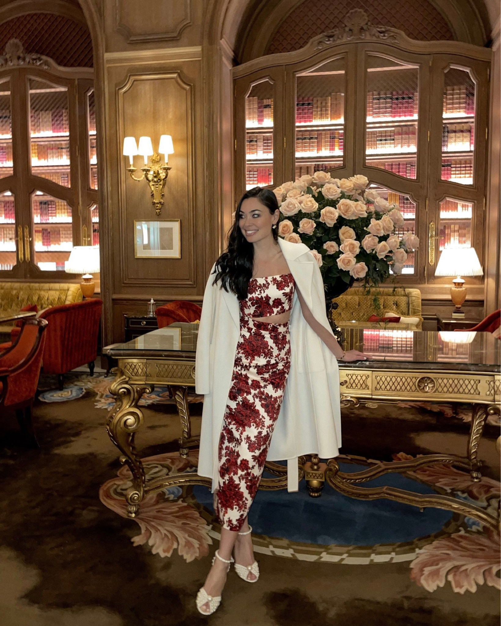 Kat JamIsson of With Love From Kat wears a formal outfit. Floral matching set, white pearl heels, white coat. 

#LTKSeasonal #LTKHoliday