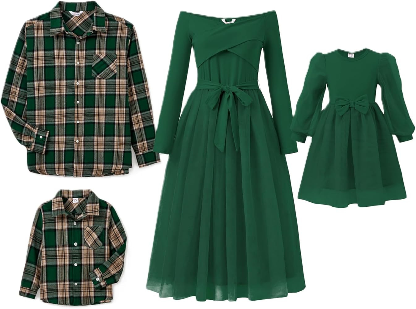 PATPAT Family Matching Outfits Set Mommy and Me Dresses Off Shoulder Midi Dress Dad and Boy Plaid... | Amazon (US)