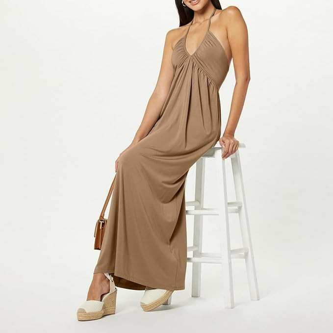 Women Sexy Sleeveless Halter Neck Maxi Dress Backless Ruffle Hem Tiered Flowy Long Dress Summer L... | Amazon (US)