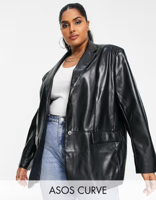 ASOS DESIGN Curve oversized leather look dad blazer in black | ASOS (Global)