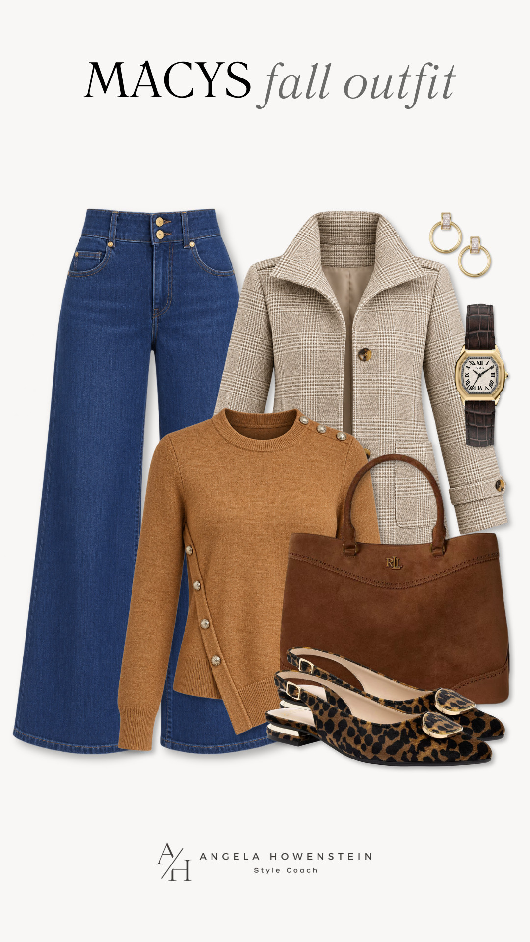 This Macy’s fall outfit is such a great mix of classic and chic! 🤎 Wide-leg denim, a caramel sweater, and a tailored plaid jacket feel polished without being too dressy, while the leopard flats add a little personality. Perfect for lunch, shopping, casual workdays, or dinner out.

👩‍💻 LTK PRO TIPS
❤️ Heart = Support my posts ;-)
🔖 Save = Get sale & restock alerts for the things you love!
📋 Lists = Keep favorites organized (List ideas: Christmas, Birthdays, and Vacations!)
📲 Share = Send lists and products to a friend (or your daughters like me).
💬 Comment = Ask me anything, and I’ll answer. ;-) 

 #LTKootd #LTKSeasonal #LTKOver40