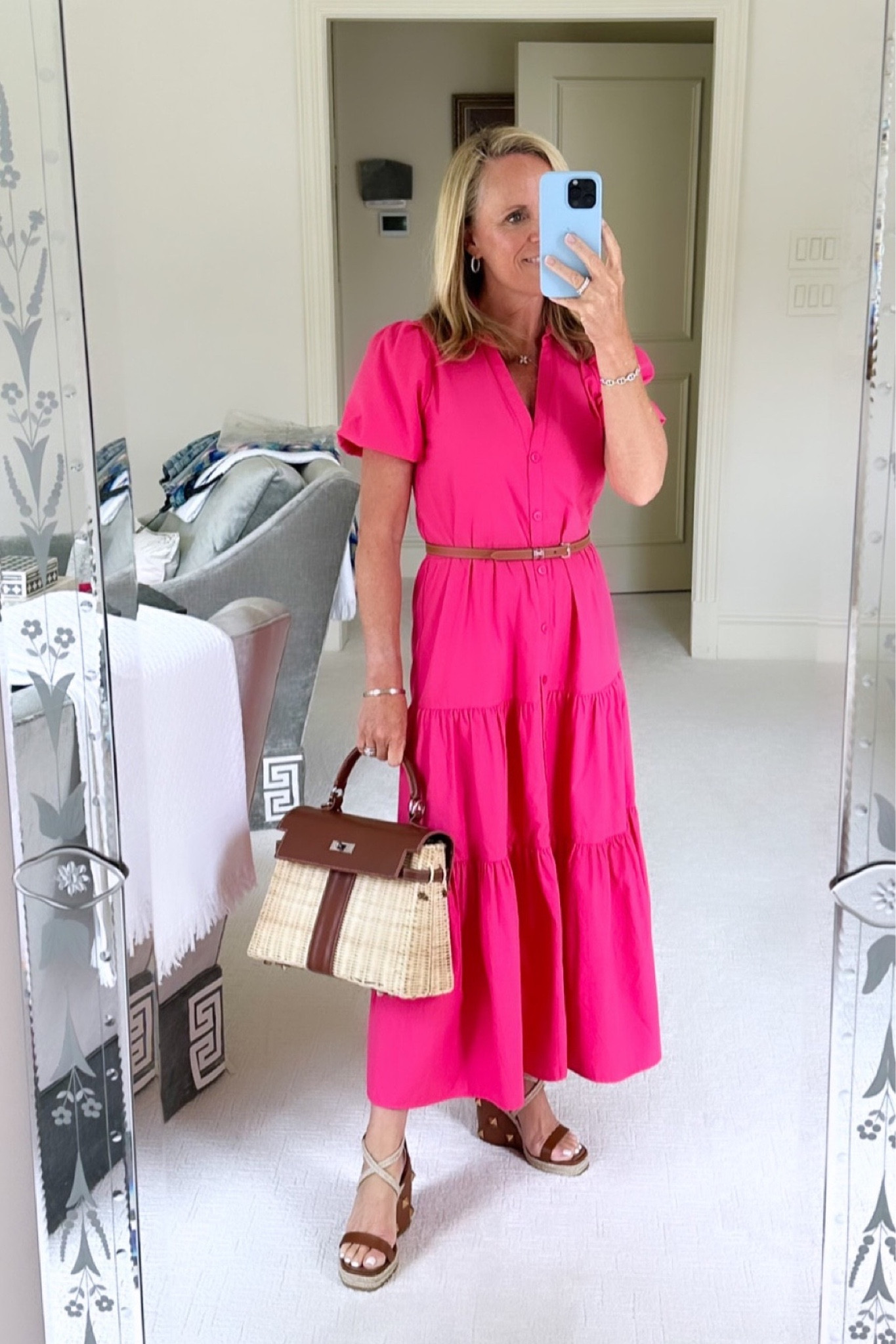pink dress with brown sandals SUMMER STROLL FLORAL CHIFFON MAXI DRESS  AKIRA