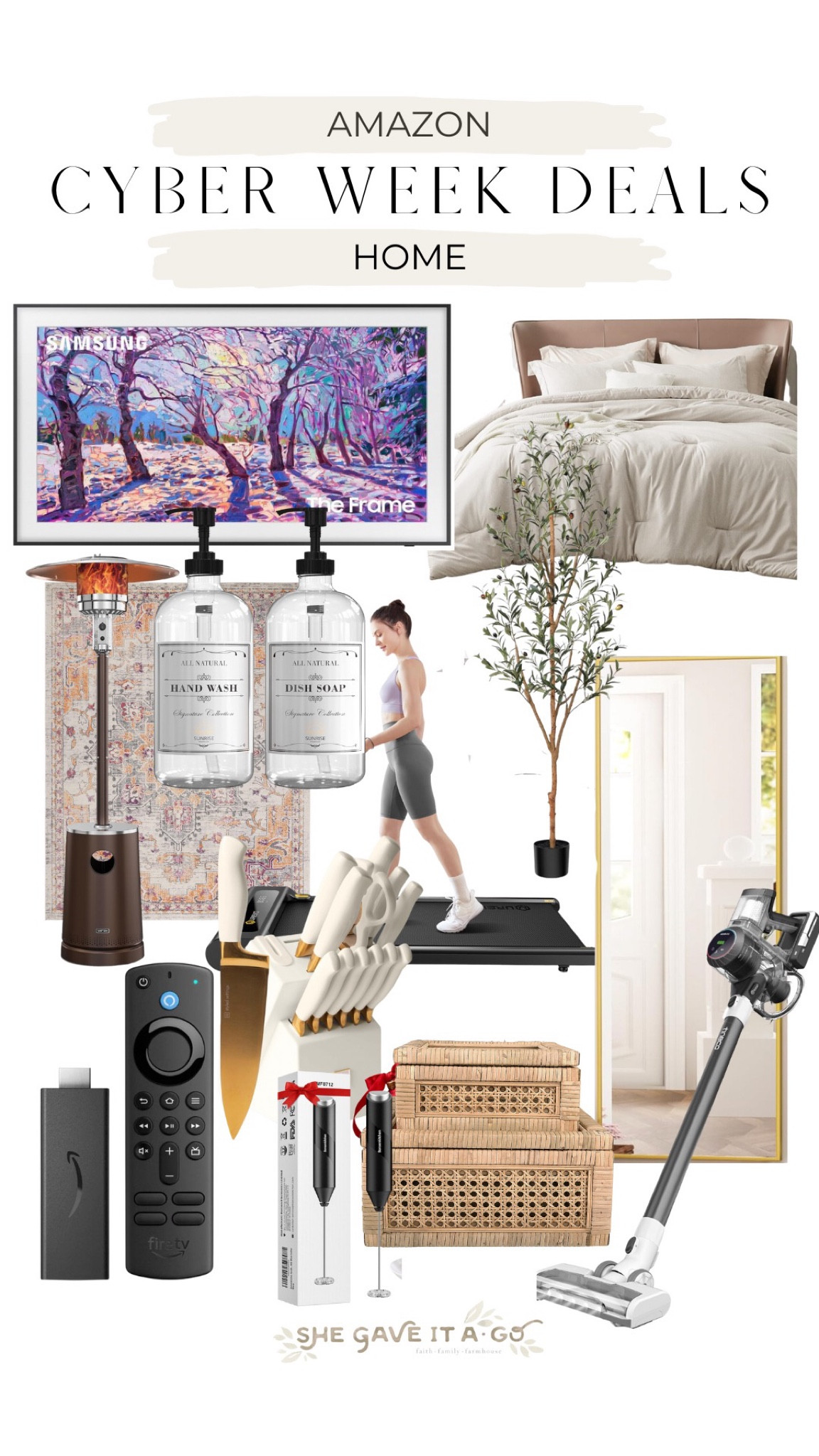 This picture frame tv has been a game changer for my house! bedding/ indoor treadmill/ vacuum/ gold mirror/ amazon stick/ cute rug/ gold utensils 

#LTKSeasonal #LTKCyberWeek #LTKHoliday