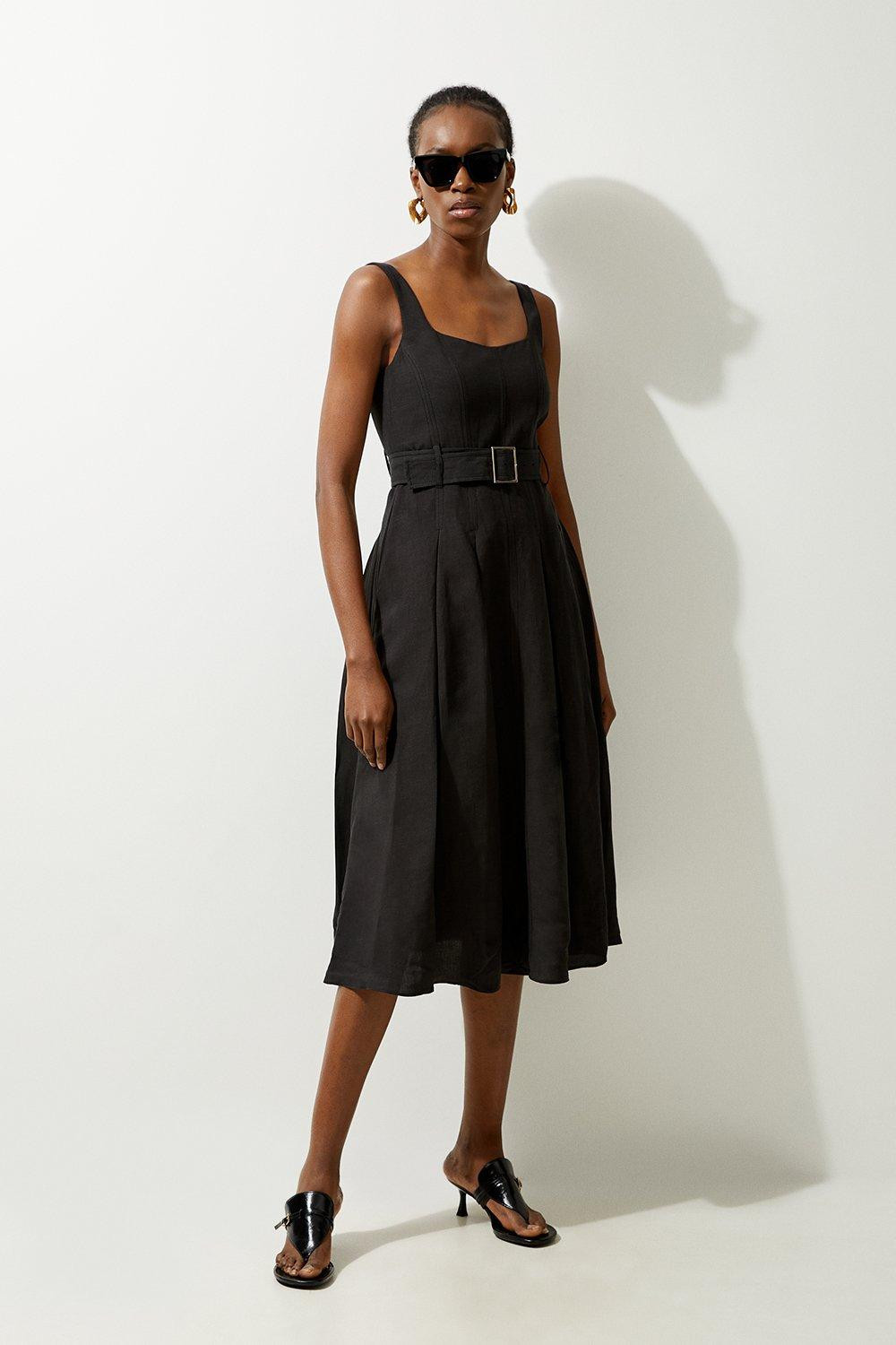Tailored Linen Belted Full Skirt Midi Dress | Karen Millen US