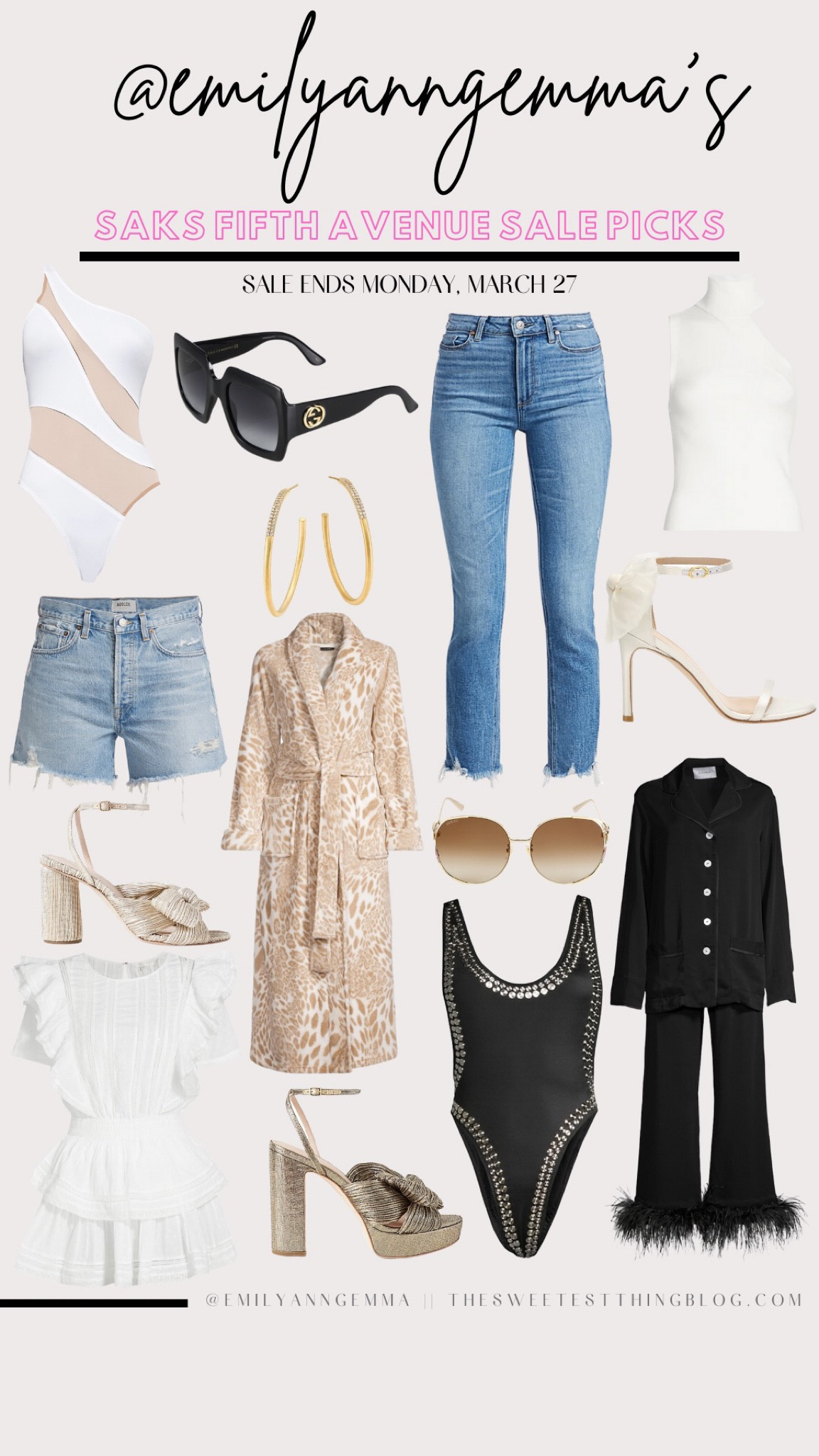 Saks. Saks fifth avenue sale. Jewelry. Gucci sunglasses. Swim. Swimwear. Denim. Jeans. Feather pajamas. LoveShackFancy  
