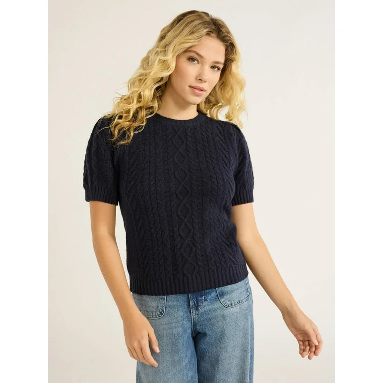 Free Assembly Women's Cable Knit Sweater with Short Puff Sleeves, Sizes XS-XXL | Walmart (US)