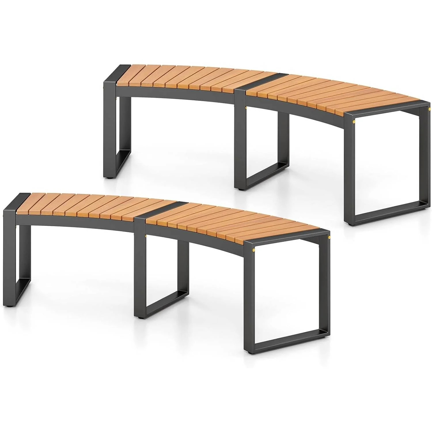 Set of 2 - Outdoor Metal Wood Backless Garden Bench with Modern Curved Design | Shop Simon