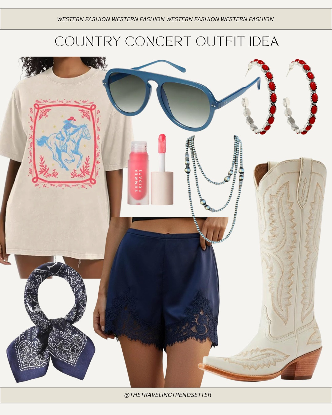 Amazon western fashion idea how to style an oversized T-shirt with lace shorts, cowgirl boots, a wild rag bandanna, sunglasses lip ￼oils, trending beauty products- festival, outfit idea, Country concert outfit idea

#LTKootd #LTKdayinmylife #LTKgrwm