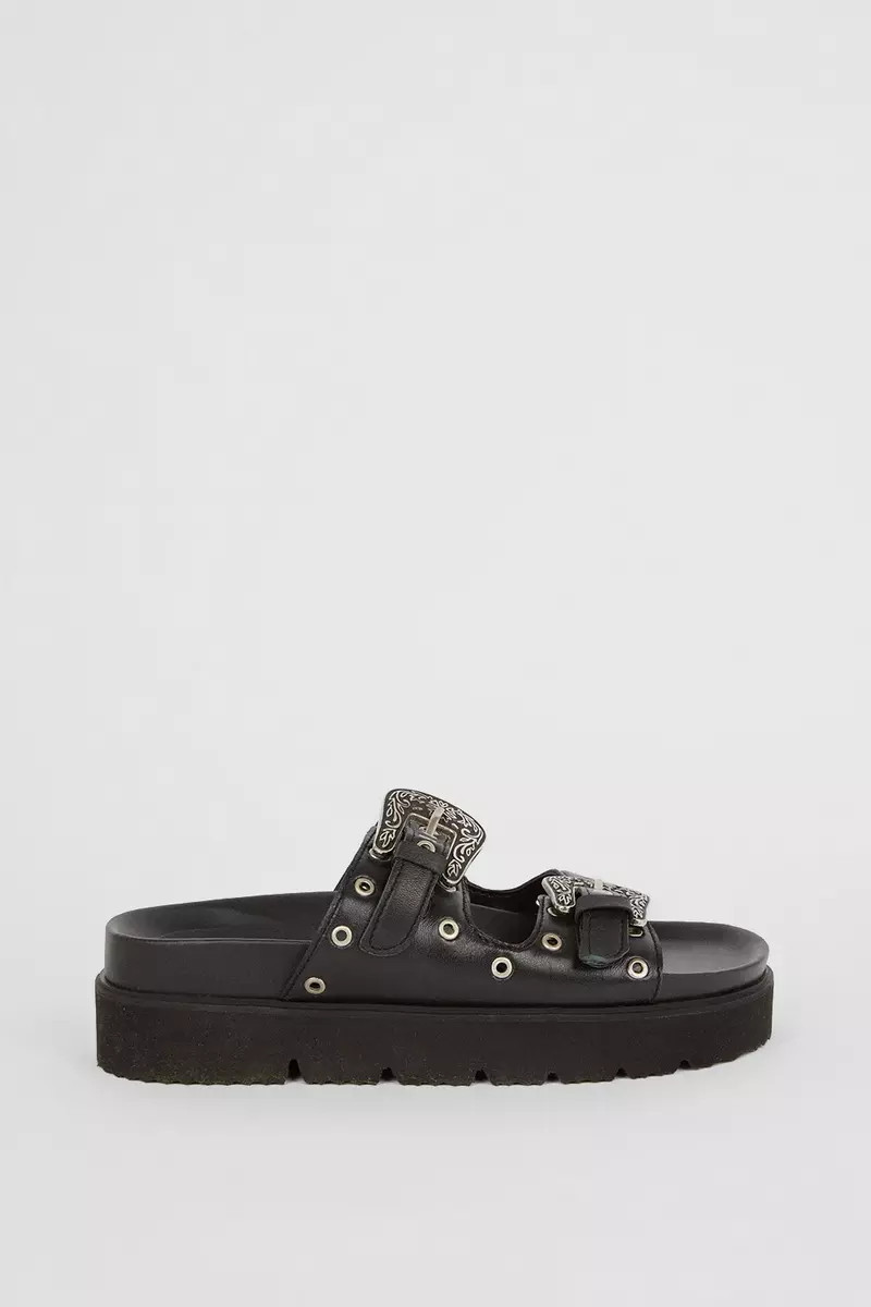 OasisLeather Western Studded Flatform Sandal | Debenhams UK