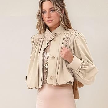 Xunger Women's Gathered Stand Collar Cropped Jacket Button Front Long Sleeves Streetwear Casual S... | Amazon (US)