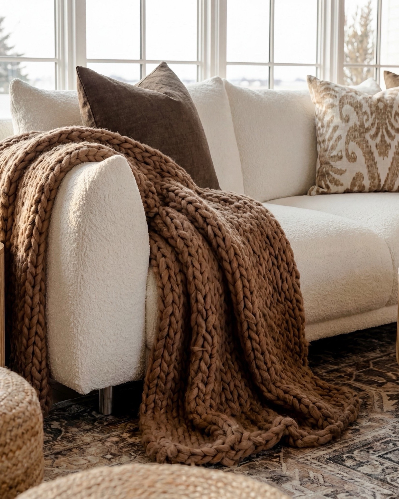Shop the Look:
• White boucle curved sofa
• Fluted round wood coffee table
• Fluted honey-oak side table
• Oversized chunky knit throw in caramel brown
• Neutral patterned and solid throw pillows
• Natural oak accent chairs with cream cushions
• Woven round jute poufs
• Vintage-washed neutral area rug
• Black marble fireplace surround
• Large white ceramic vase with branches
• Light oak built-ins with modern styling decor
• Globe pendant ceiling light

#LTKsale #LTKhome #LTKstyletip