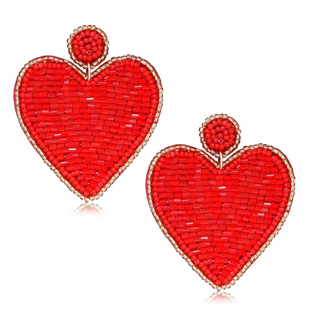 Valentine’s Day Earrings Beaded Heart Drop Earrings Edged in gold beading Fashion Trendy Big Lo... | Amazon (US)