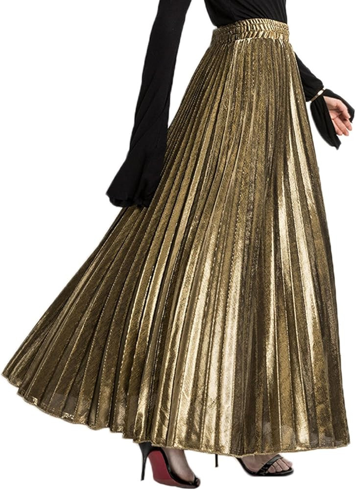 CHARTOU Women's Premium Metallic Shiny Shimmer Accordion Pleated Long Maxi Skirt | Amazon (US)