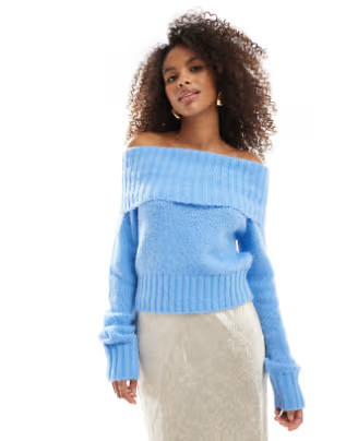Bershka fluffy bardot jumper in light blue | ASOS | ASOS (Global)