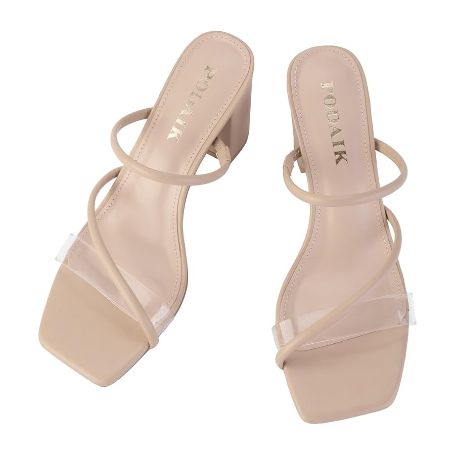 Strappy Heels for Women Mule Heeled Slip on Sandals Clear Straps Chunky Block Slides Open Square ... | Amazon (US)