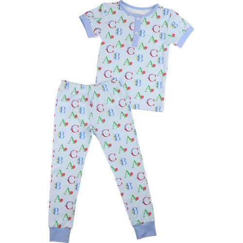 Blue Gingham Knit ABC Pajamas | Cecil and Lou