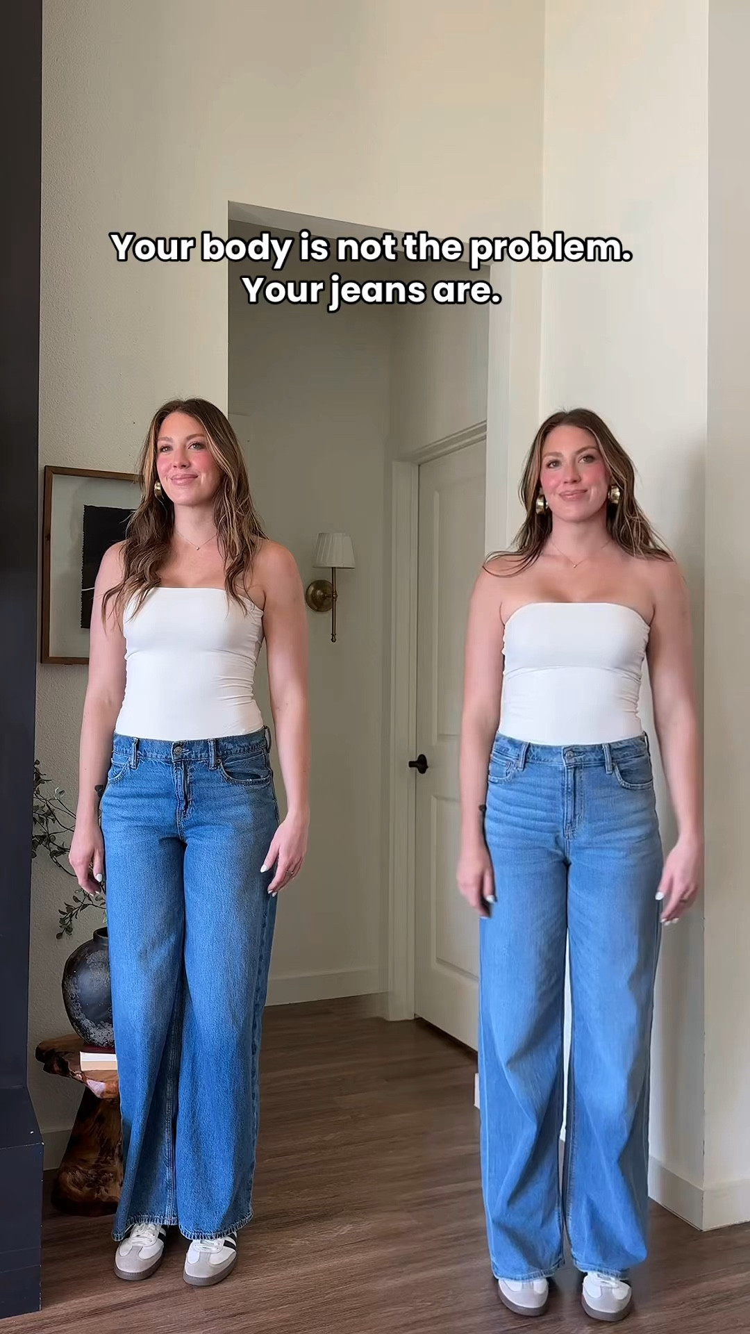 Rectangle bodies here’s your guide to shopping the right jeans- it mostly comes down to proportions

low rise cuts your body off at the widest part of your hips, so everything can look shorter and a little boxy

high rise sits at your natural waist (the smallest part), so it instantly creates shape and makes your legs look longer

with wide leg jeans specifically, the volume needs that higher starting point or it can just feel heavy and kind of drag you down

so same body… just a different waistline and it changes everything. 

When searching for jeans styles: focus on creating shape, not just fit

high rise is key — it hits your natural waist and gives that curve effect

go for structured denim over super thin/stretchy

and always fit your waist first… that’s what makes the biggest difference. 
Some of my personal favorite jean options are, wide leg, barrel and loose fit. These styles give shape while also balancing proportions. (Linked some personal fave options as well)

I’m a 27 tall or extra tall (if an option) in all jeans