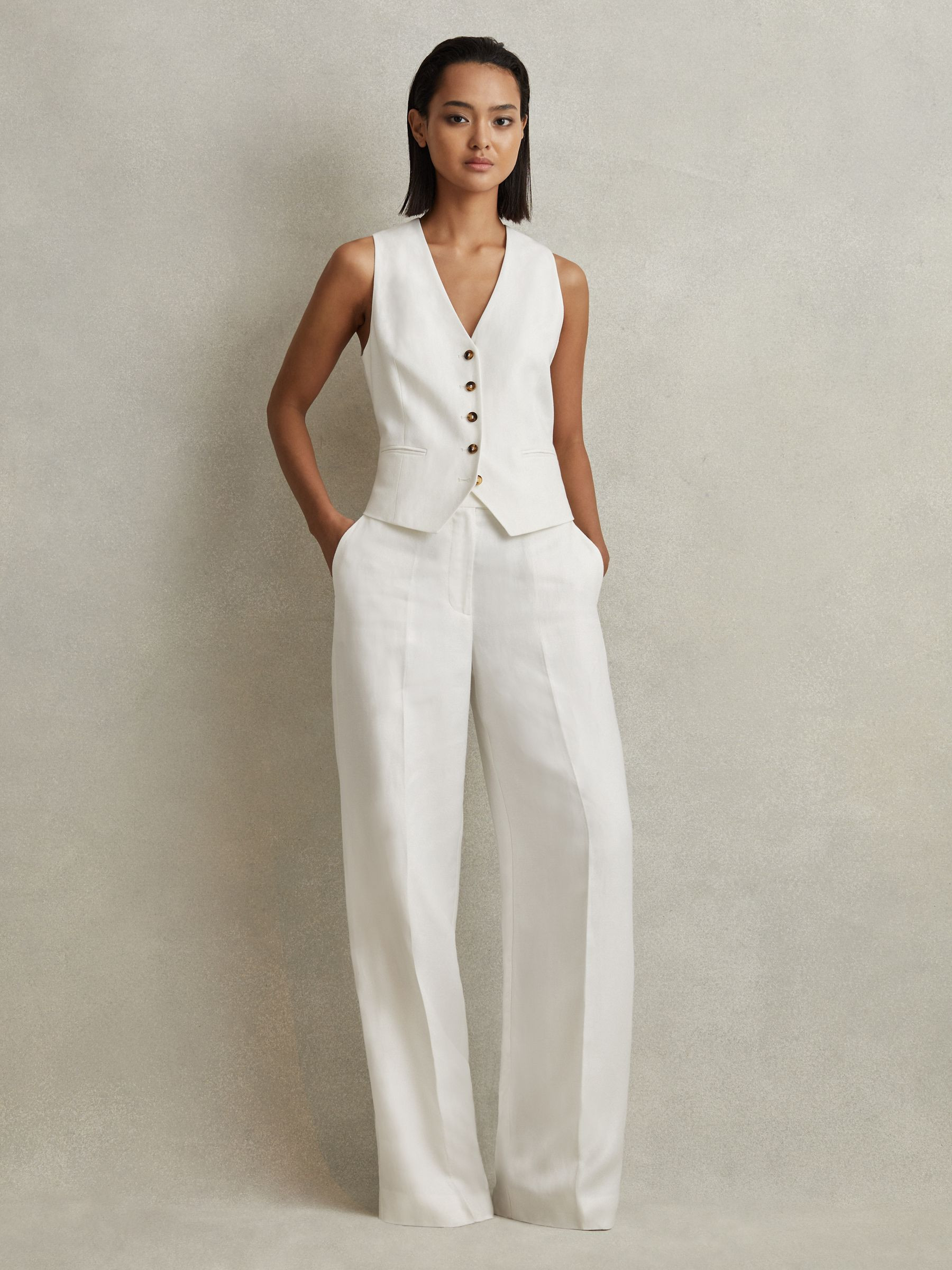 Reiss Viscose-Linen Wide Leg Suit Trousers in White - REISS | Reiss UK