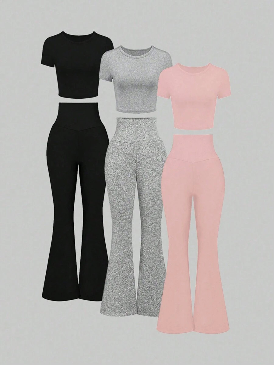 INAWLY 2pcs Plus Size Solid Color Slim Fit Short Sleeve Top And Long Pants Set | SHEIN