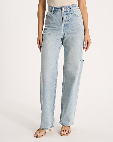 High Waisted Light Wash Ripped 50/50 Rigid Stretch Relaxed Straight Jeans | Express