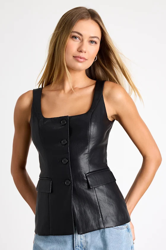 Lanzy Black Vegan Leather Button-Front Vest Top | Lulus