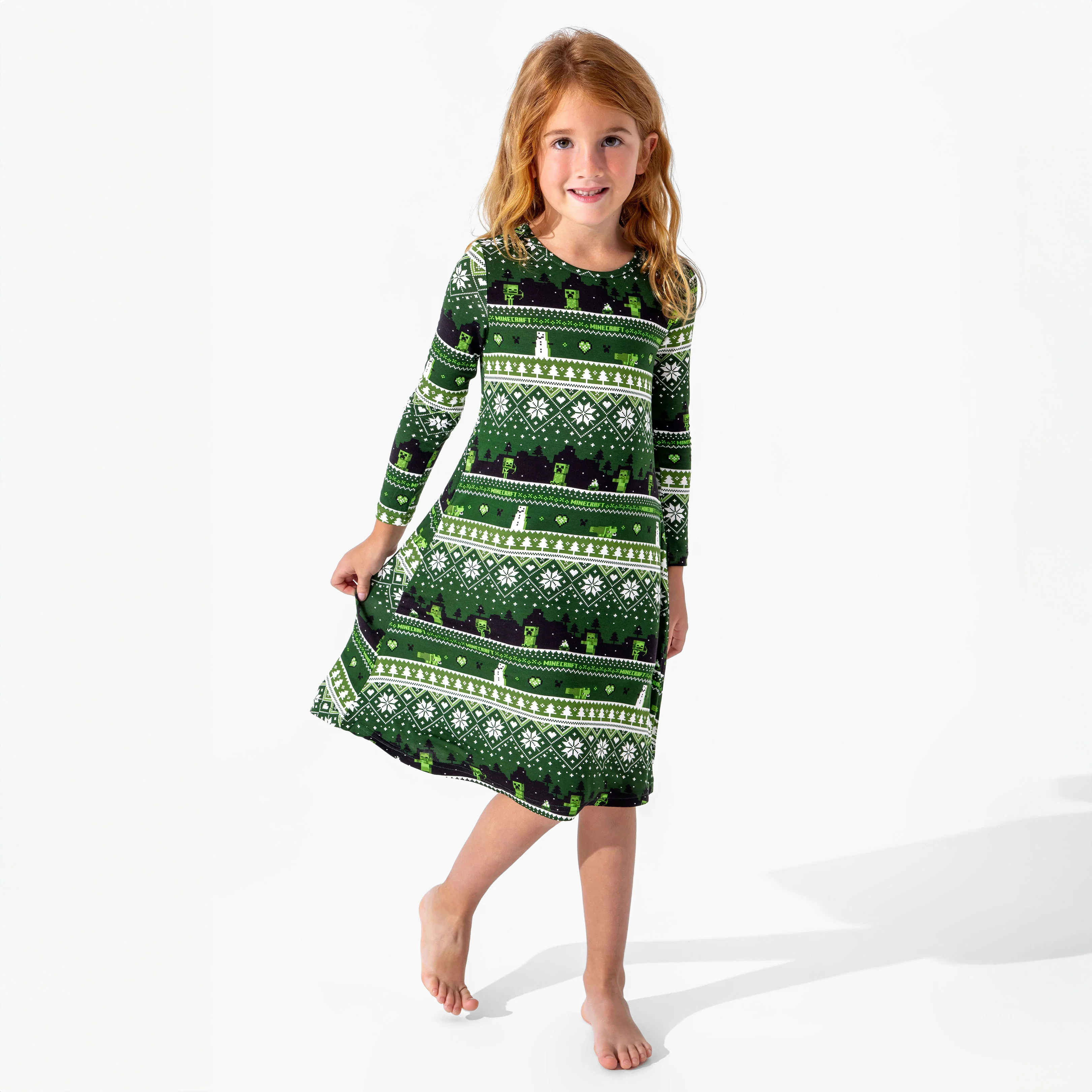 Minecraft Creeper Holiday Bamboo Girls' Long Sleeve Dress | Bellabu Bear