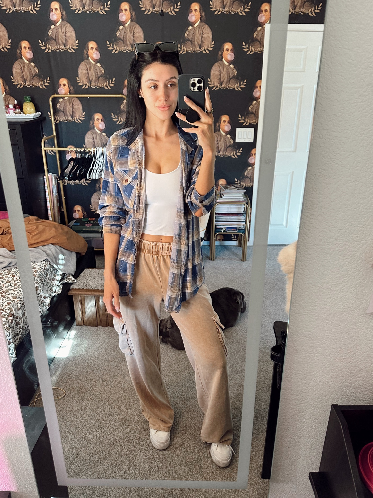 Cozy casual winter outfit 
•oversized flannel shirt •cargo sweatpants •white crop top •ysl oversized sunglasses •platform sneakers •layered outfit •styled outfit 

#LTKHoliday #LTKSeasonal #LTKstyletip