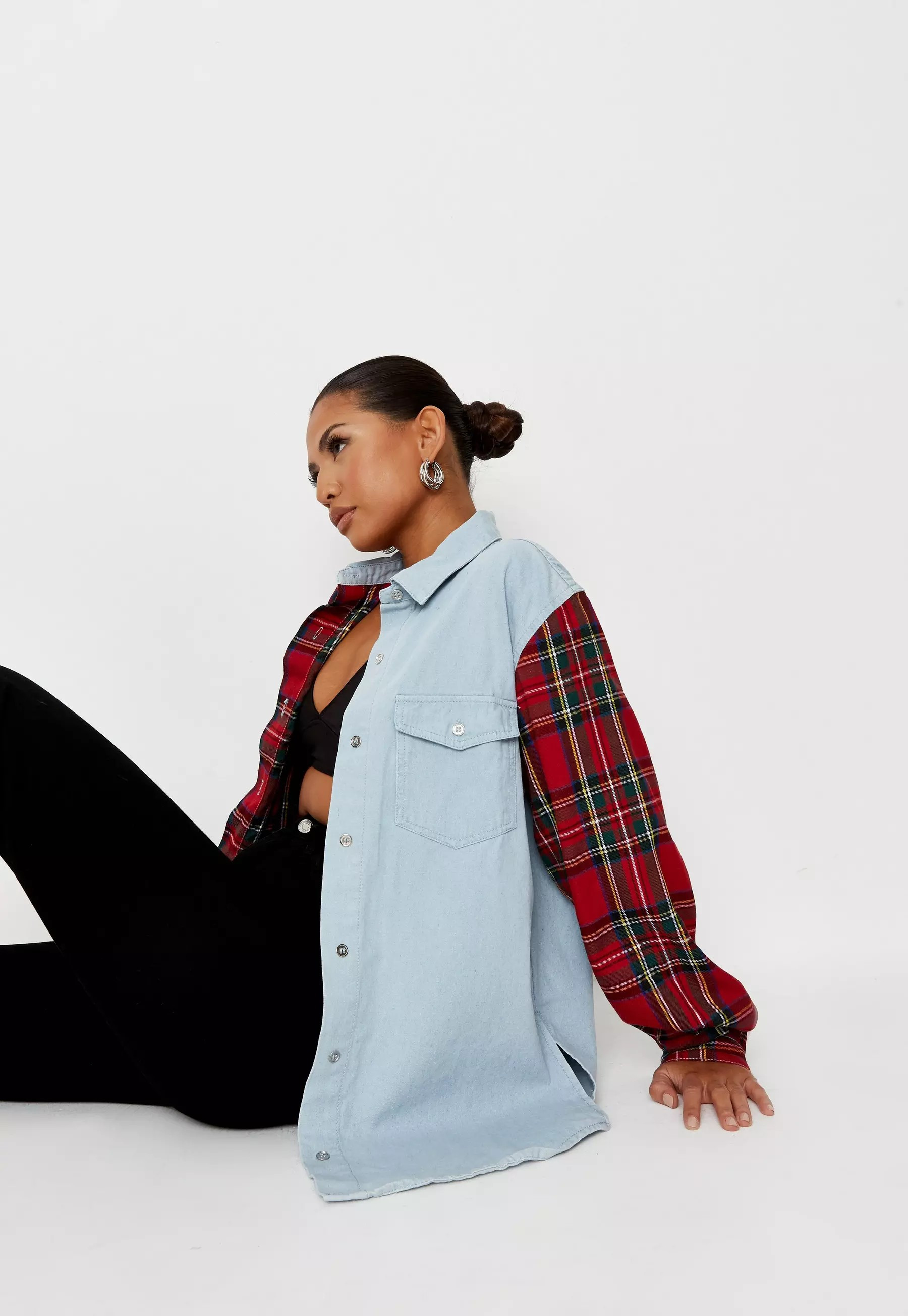 Blue Oversized Tartan Spliced Denim Shirt | Missguided (US & CA)