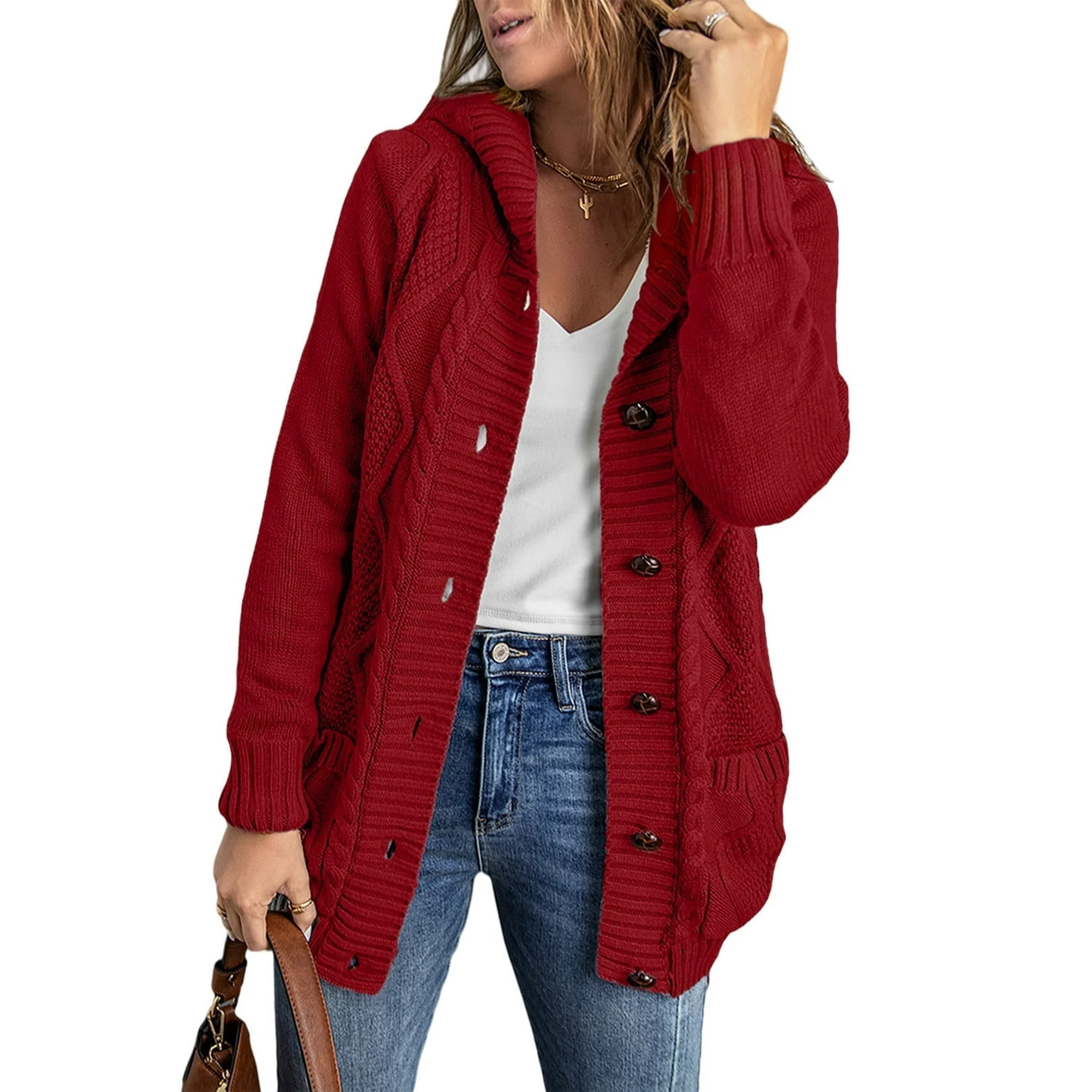 Eytino Hooded Cardigan Sweaters for Women Long Sleeve Button Down Knit Sweater Coat Outwear with ... | Walmart (US)