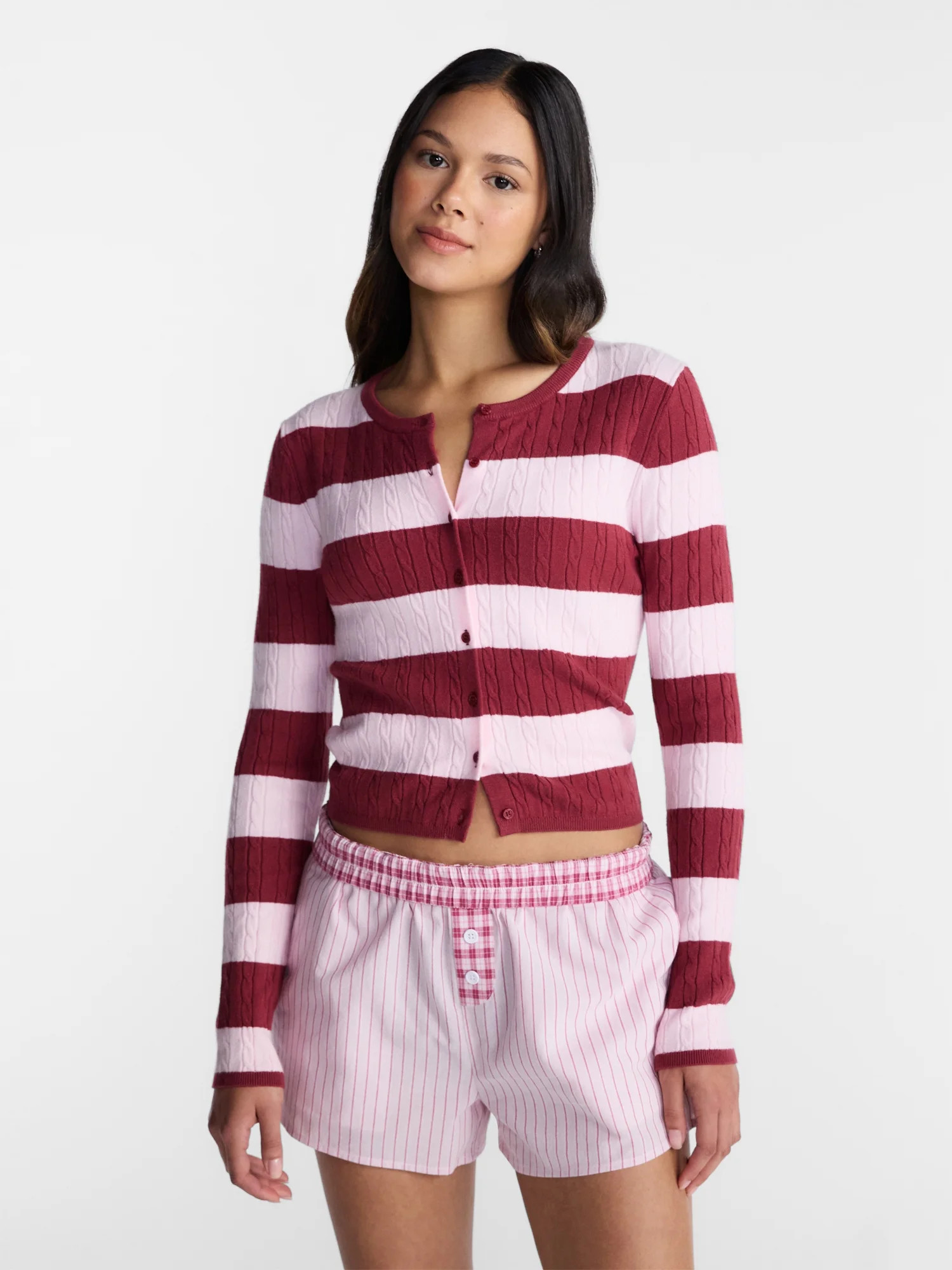 No Boundaries Cable Knit Crewneck Cardigan, Women's XXS-4X | Walmart (US)