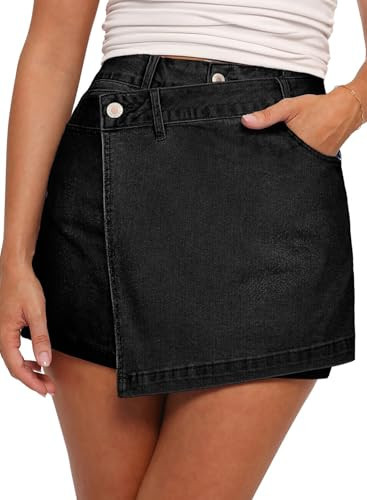 Sidefeel Skorts for Woman Jean Skirt High Waisted Wrap Stretchy Denim Skirt with Shorts Black Size 8 | Amazon (US)
